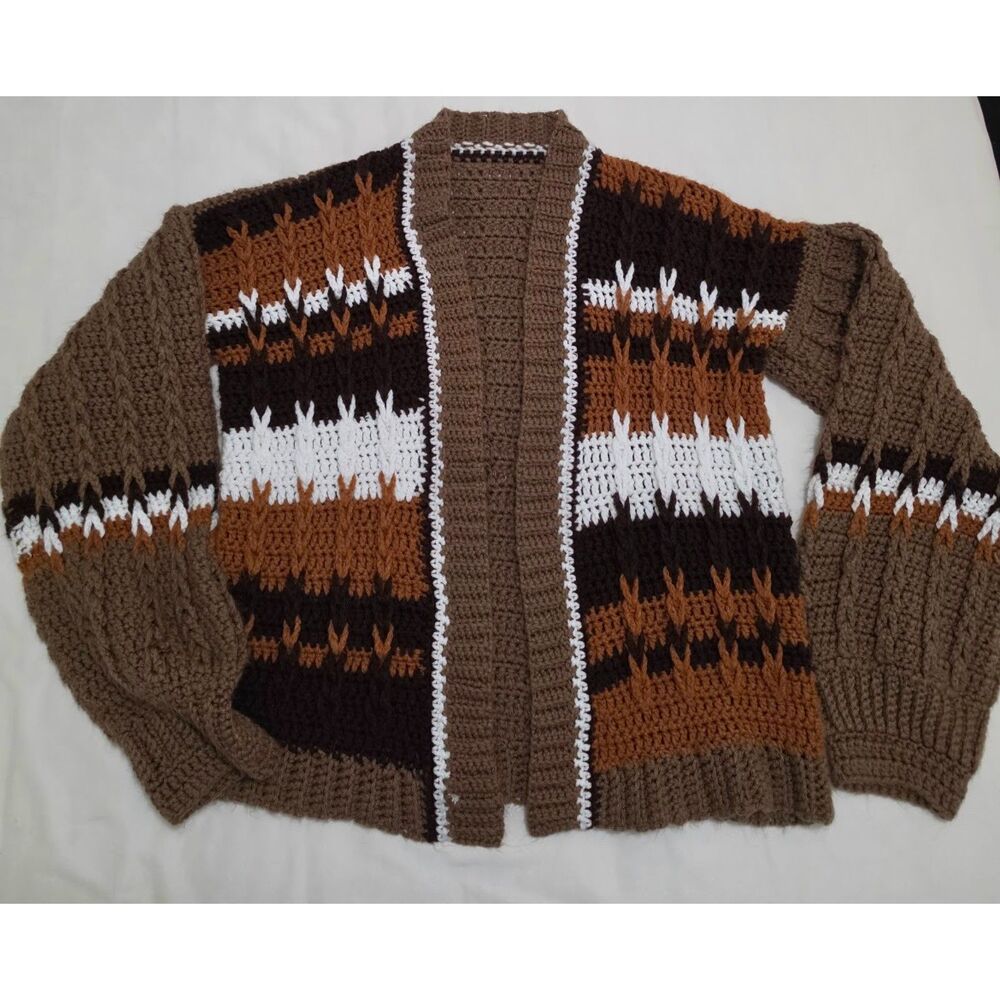Handmade crochet open-front cardigan featuring a geometric colorwork pattern